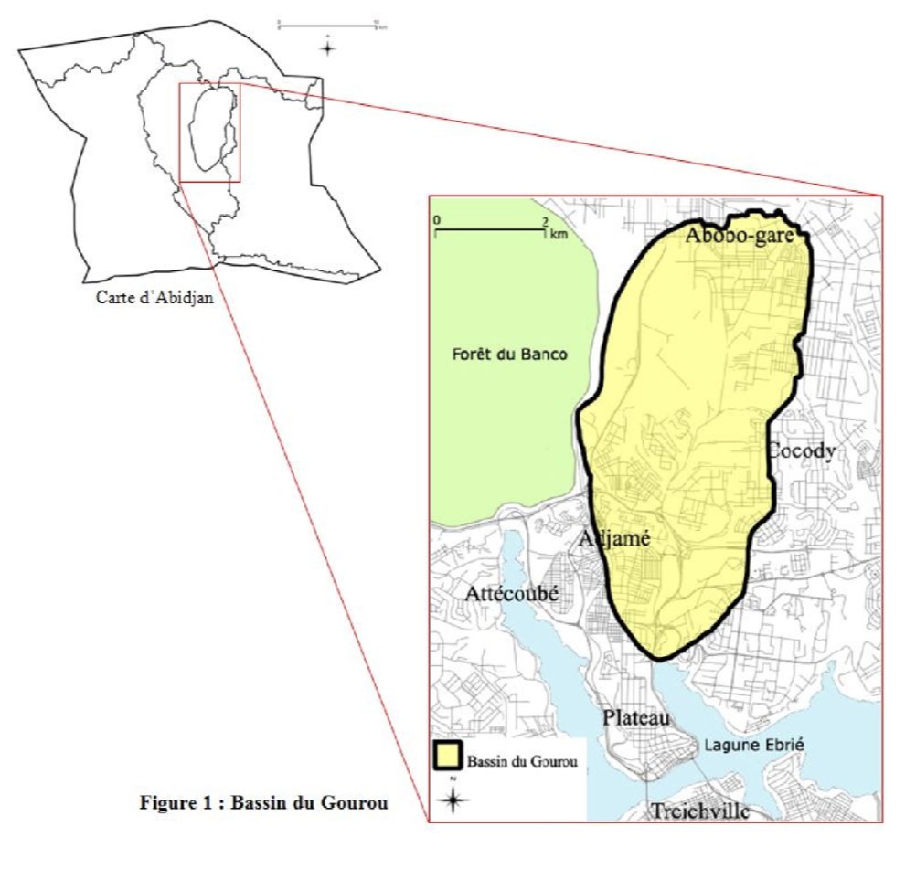 Le Bassin versant du Gourou est un vaste territoire dont les eaux se concentrent au niveau du carrefour de l’Indénié pour se déverser dans la lagune Ebrié. Ce bassin est caractérisé par des sols fortement érodés, des bas-fonds et des collines à forte pente.