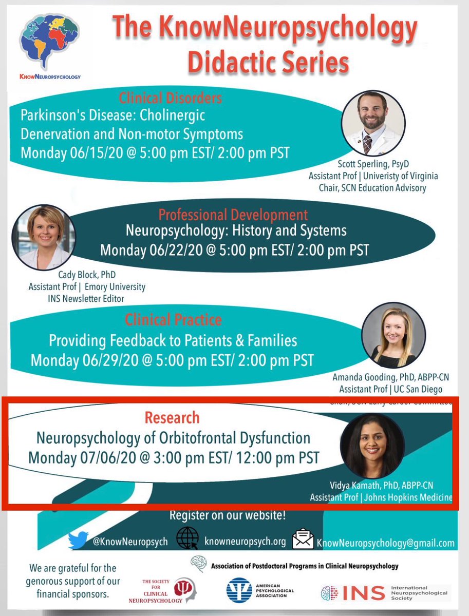 Ohh do we have something special coming your way tomorrow. Do not miss Dr. Vidya Kamath at @HopkinsMedicine lecture on the #neuropsychology of orbitofrontal dysfunction at 3pm EST/12pm PST! See flyer for details: https://t.co/bExubT6FoY