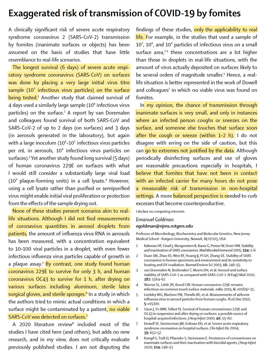 EricTopol's tweet photo. Encouraging new commentary about the very small risk of surface/fomite transmission of #SARSCoV2
https://t.co/bZxqVLwFRz @TheLancetInfDis by Emanuel Goldman @Rutgers_NJMS https://t.co/zj9aQ7GVZB