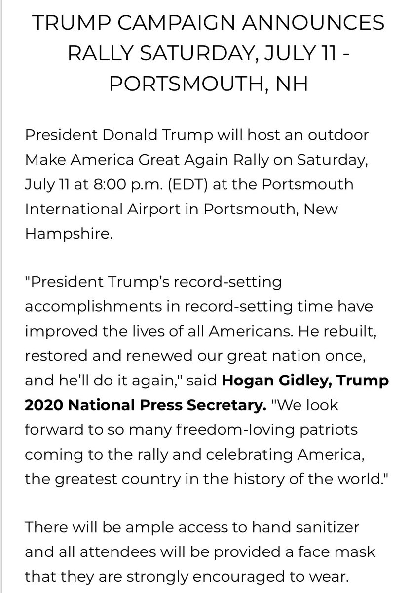 .@TeamTrump announces another rally next Saturday - announcement says attendees “strongly encouraged” to wear face masks https://t.co/4aBZrkBbeX