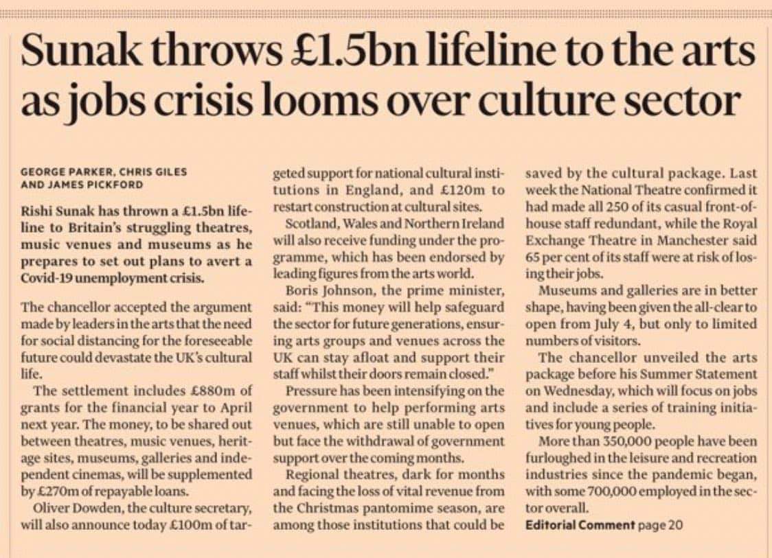 Embargoed until 10.30pm but the Financial Times reveals £1.5bn bailout for the arts to be officially announced tomorrow.