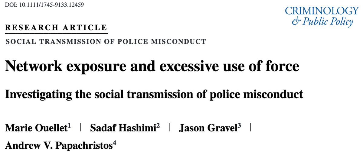 450/ "Officers...with a greater proportion of colleagues previously named in use of force complaints were more likely to be named in subsequent... complaints." & "Must move beyond a focus on individual officers... [toward] deviant police networks." ( @ML_Ouellet  @sadaf_hashimi)