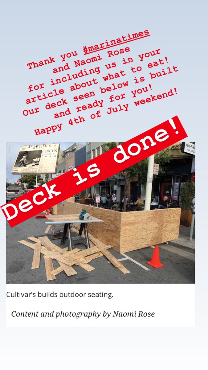 Cultivar_SF's tweet photo. @TheMarinaTimes Thank you for the shout out! We love being included in your lists of where to eat. Happy to report the deck is ready for diners!
#outsidedining #dining #chestnutst #marinasf https://t.co/9kilyXXPHn