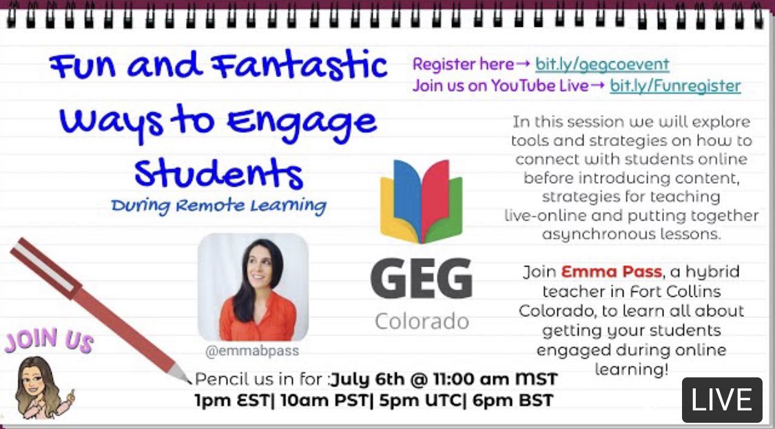 GlobalGEG's tweet photo. Join @emmabpass and learn some fantastic ways to engage students during remote learning.
Happening July 6th Time: 11 am MST | 10am PST | 5 pm UTC | 6 pm BST | 12 pm CST 🖊 Sign-up at https://t.co/of1MkLBP10 Watch live
https://t.co/lFOuL4Z2pG #Globalgeg
#GoogleEDU #GoogleET https://t.co/5QsnDDbM5n