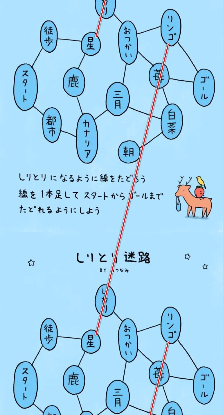 @qrostar 別解として、問題を印刷して
横向きに筒状になるよう貼り合わせ、
星からリンゴに直線を1本引く事で
星⇨しおり⇨リンゴ が辿れるようになりますね…！ 