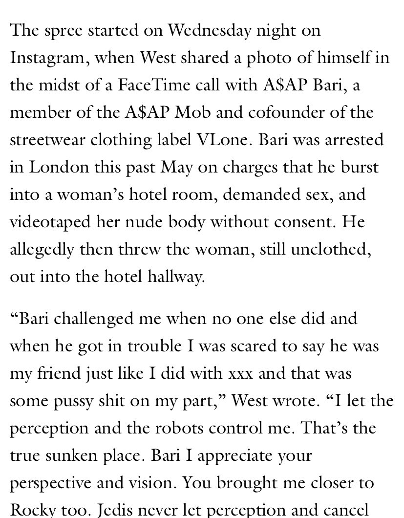 tw// also in 2018 kanye had come out as a sexual abuse apologist. (someone who defends acts of rape by claiming it is not a crime and consent is not needed for sex). here are examples of him supporting men who have been accused of sexual abuse that he still supports.