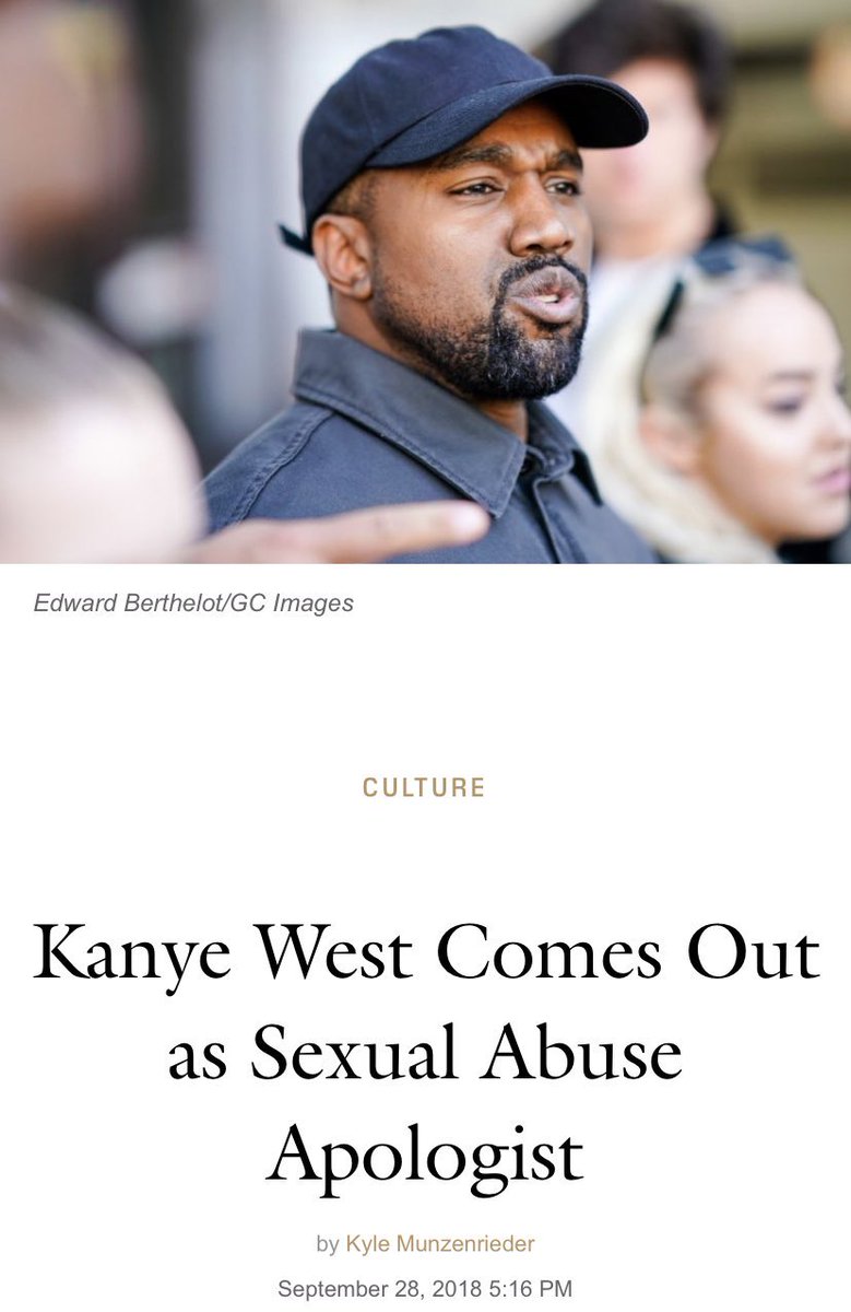 tw// also in 2018 kanye had come out as a sexual abuse apologist. (someone who defends acts of rape by claiming it is not a crime and consent is not needed for sex). here are examples of him supporting men who have been accused of sexual abuse that he still supports.
