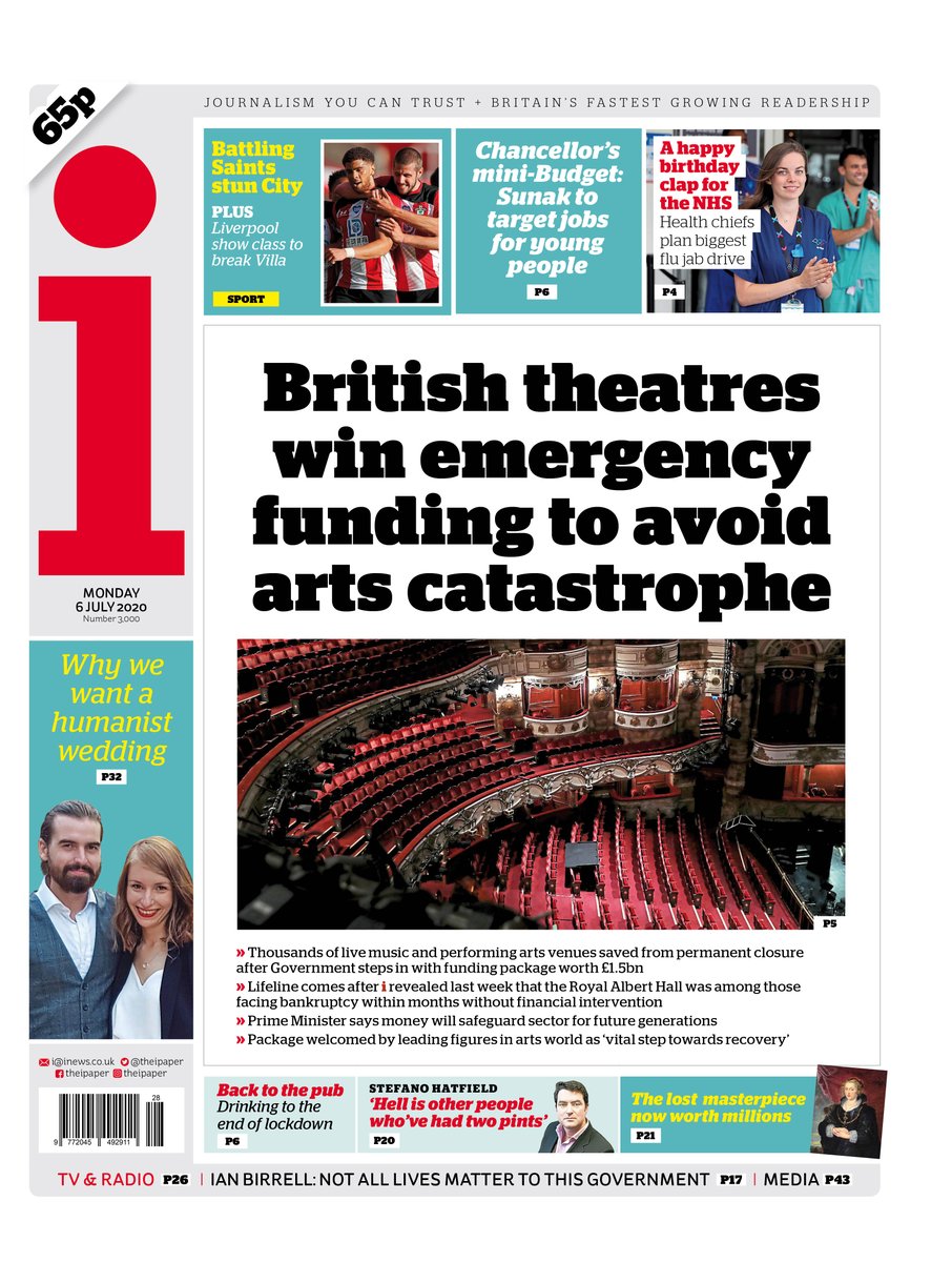 theipaper's tweet photo. Monday's front page: British theatres win emergency funding to avoid arts catastrophe 

#TomorrowsPapersToday https://t.co/rqMpy8vhnP