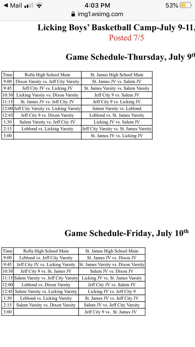 Licking Shootout schedule7/9-7/11. Times are subject to change.