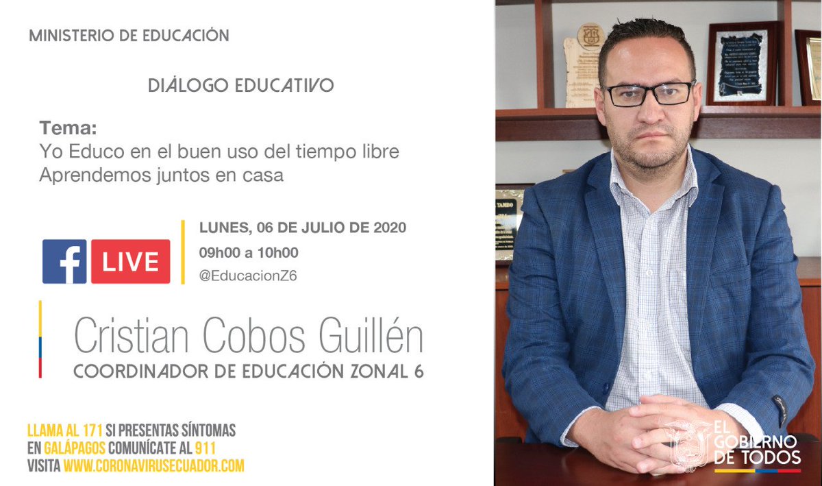 EducacionZ6_Ec's tweet photo. MAÑANA | Coordinador zonal 6 @ccobosguillen, compartirá un nuevo enlace ciudadano, a través de Facebook Live, con nuestros invitados se tratarán temas sobre el buen uso del tiempo del libre y el programa.  #AprendemosJuntosEnCasa 
#SíALaEducación https://t.co/gtAgtY7CJ8