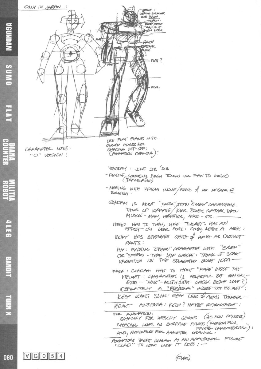 Some of Tomino's comments & requests:- The Turn A needs to be more "sleek" in design, like a kick-boxer, not a wrestler- The "face" needs to be more distinct and inside its helmet, as if occupying a "persona"- Simplify design as much as possible for animators