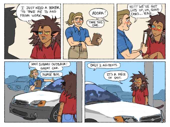 galaxy brain concept: catradora car dealership AU. 