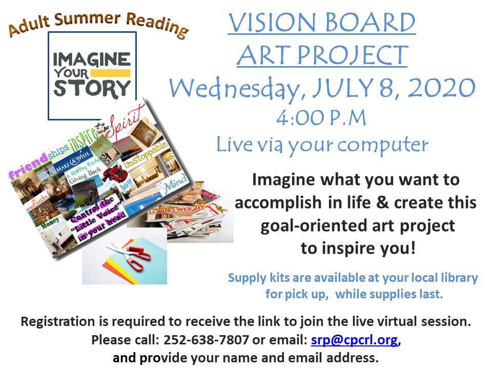 newbernlibrary's tweet photo. Our first virtual Adult Summer Reading program will be held Wednesday, July 8 at 4:00 p.m. We will be Imagining Our Stories through the creation of Vision Boards. You can pick up a starter kit at the library, while supplies last, or use your own supplies. https://t.co/KhjwUUaM4a