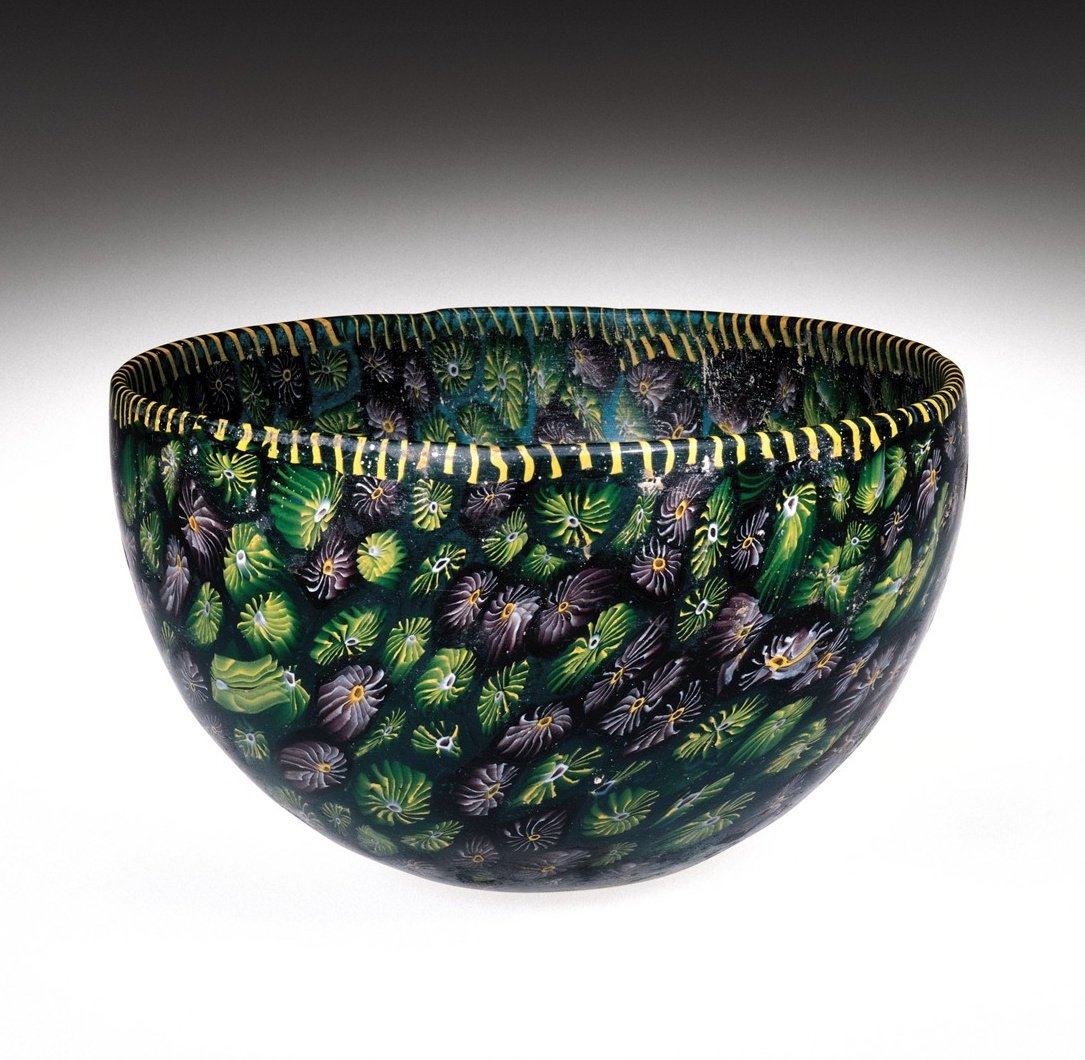 An eastern Mediterranean mosaic glass bowl, early 2nd century–1st century BC:  https://m.cmog.org/artwork/mosaic-glass-bowl