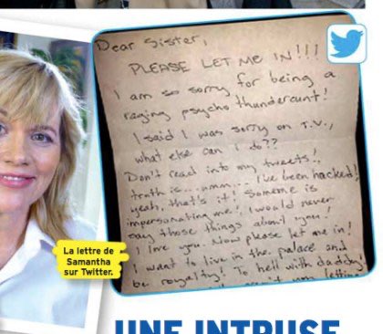 12-La sœur de Meghan, Samantha Grant se faisait invité sur des plateaux pour insulter Meghan ou dévoiler des informations sur elle. Elle annonce même la sortie de ses deux livres sur Meghan. Son compte Twitter a été récemment fermé pour propos haineux envers sa sœur.