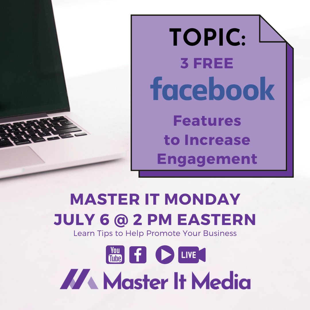 MasterItMedia's tweet image. Learn About three FREE Features on Facebook that can help you increase your engagement! Join Master It Monday on July 6 at 2PM Eastern bit.ly/31MvLEj 
#MasterItMedia #PromoteYourself #MasterItMonday #SocialMedia #LocalBusiness  #BusinessTips #FreePromotion