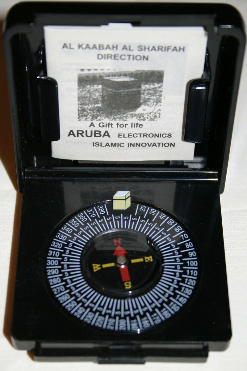 So the simplest sort of technology a traveler could use for this would be a compass. And there are special Qibla compasses, like this one.See how it has a list of measurements around the circle?I believe the little booklet lists cities and directions.