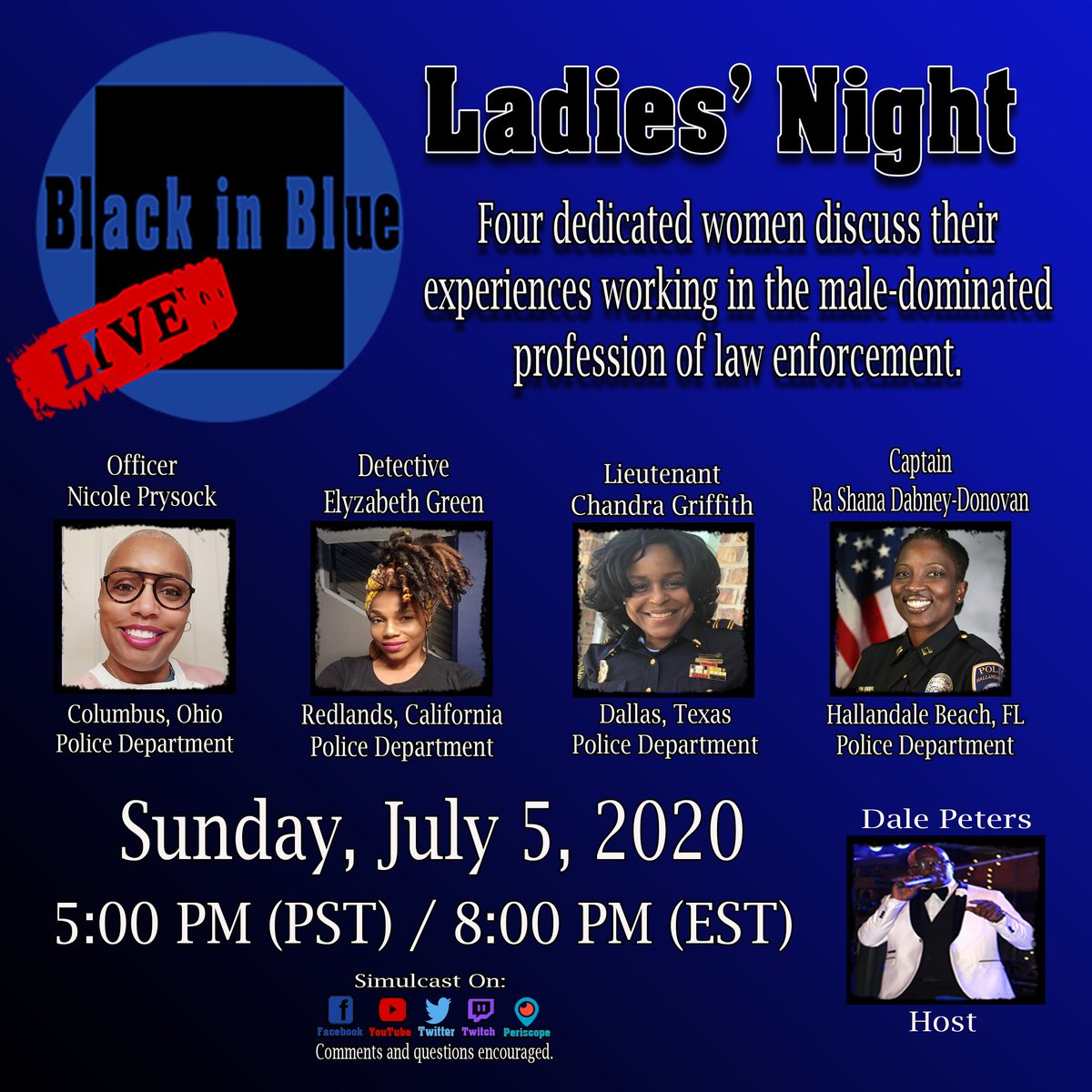 Be sure to check out Black in Blue Live this evening as I chat with 4 amazing women about their experiences working in law enforcement. Right here on Twitter. 5PM (PST) / 8PM (EST).
.
.
#Tonight #Live #Livestream #Broadcast #FemaleOfficers #WonderWomen