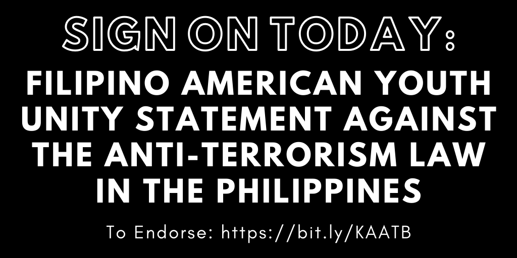 KBTNalliance's tweet photo. ‼️ Calling on Fil Am youth to sign on to this unity statement to express our UNITED condemnation of Duterte's signing of the Anti-Terrorism Act. We'll be signing ALL endorsements to the statement &amp; posting to social media outlets on TOMORROW. Sign Here: https://t.co/DvMFID5db3 https://t.co/C4huULNEc3