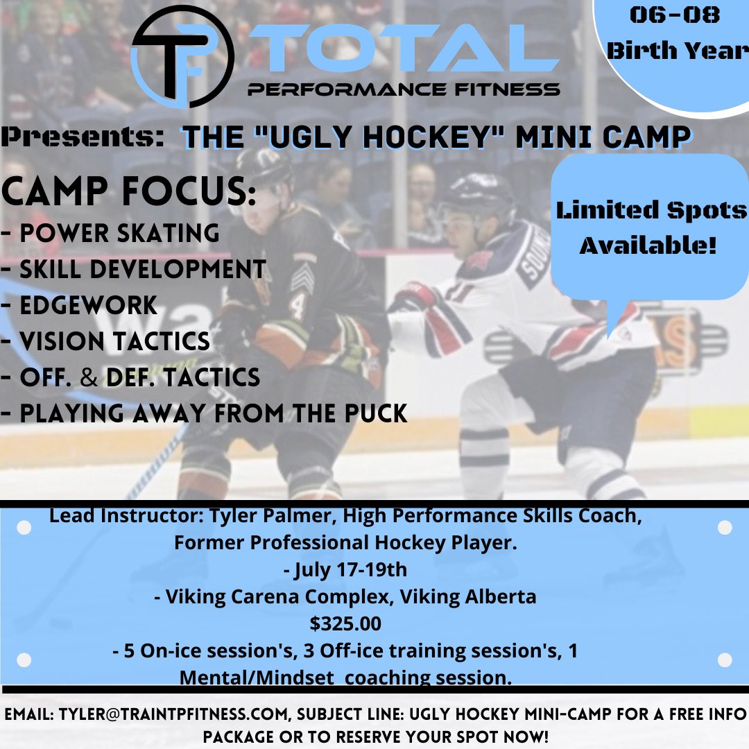 ATTN: 06-08 Birth year’s looking to take your game to the next level‼️

Send me a DM or Email Tyler@traintpfitness.com to receive a full breakdown of the camp, details, and itinerary✅ 
#hockeytraining #hockeyalberta #traintpfitness #hockeycamps #skilldevelopment