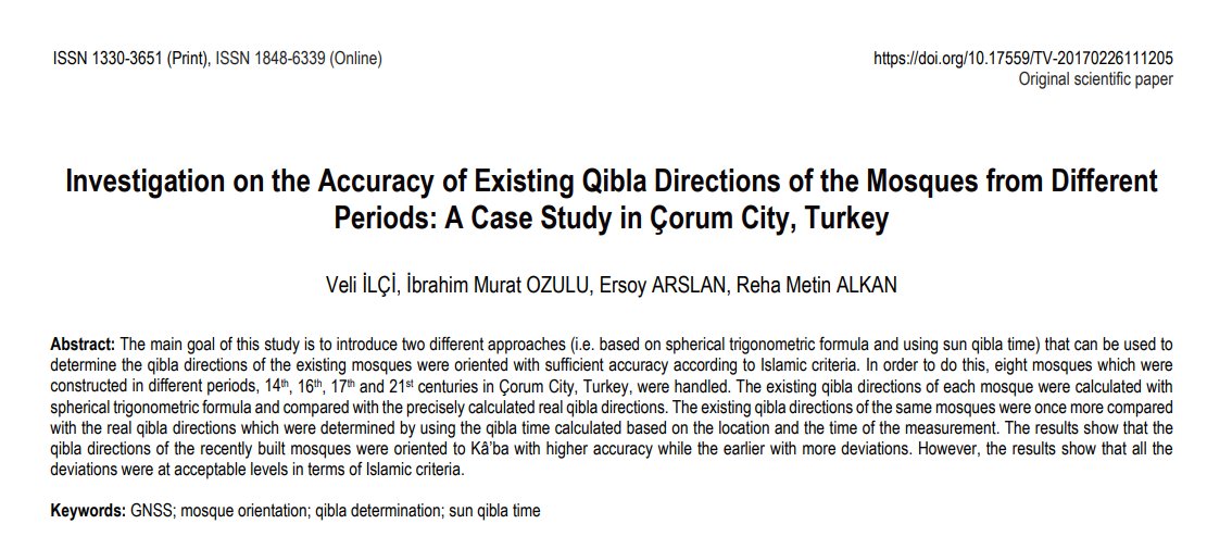 while looking up info on this I found an interesting paper from 2018 where the authors went to various mosques in Çorum City, Turkey, and measured how accurately they indicated the Qibla, compared against when they were built.