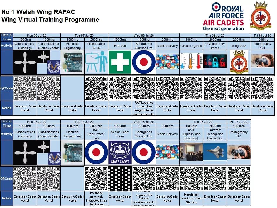 Once again, the Wing has been busy planning what to do over the next two weeks. Check out all of our upcoming virtual sessions over the next two weeks. 

Fancy learning a new skill? Jump on of the the events and get involved. 

All of these events are now on SMS and Cadet Portal.