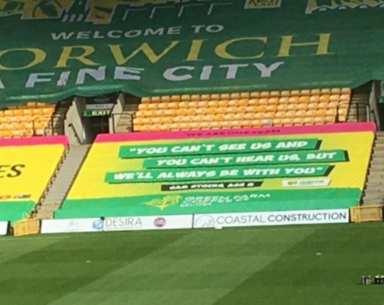 MStocks1's tweet photo. My nephew entered a competition for an inspirational message to appear at Carrow Road as part of their #ApartButTogether campaign. He won! 

“You can’t see us and you can’t hear us, but we’ll always be with you’’.
Sam Stocks, aged 8.

#ApartButTogether #juniorcanary #prouduncle https://t.co/ZdmX671flo