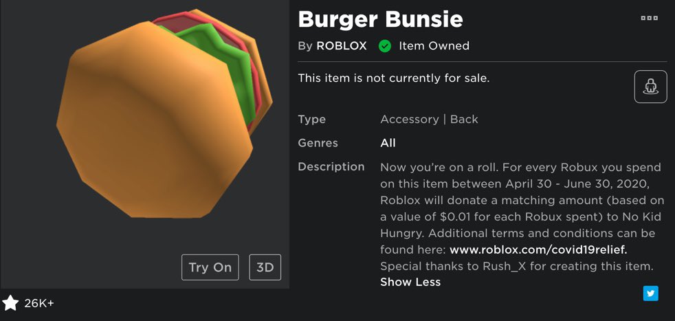 Rush X On Twitter Because Of You All The Burger Bunsie Hat Made Over 120 000 Including Roblox Donation For The Charity Nokidhungry This Is Amazing Thanks So Much For Participating Everyone Https T Co 9df4bz1ktd - donations lol roblox