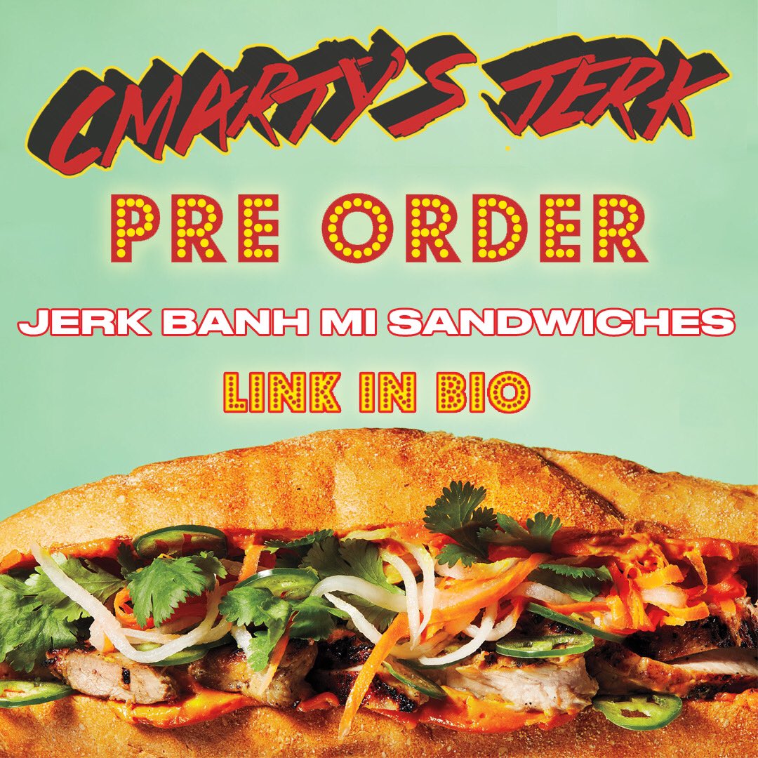 Cmartymar's tweet photo. SPECIAL ANNOUNCEMENT
WE TEAMED UP W/ @projectparlorbk TO COOK UP SOMETHING SPECIAL. OUR NEW JERK BANH MI SANDWICHES!

PRE ORDER HERE FOR JULY 9TH PICK UP:
https://t.co/jYJhksHklB

#BlackBusiness https://t.co/BTpqx3QLG1