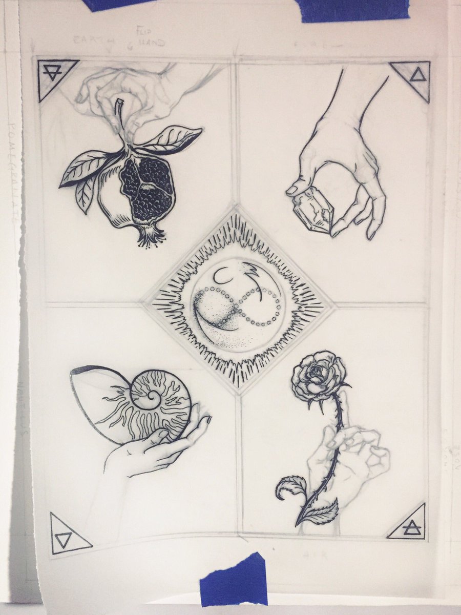 ChronoTarot's tweet photo. I’ve been working on an illustration which I *thought* was visual shorthand for the aces, the elements of the suits surrounding a fifth element, infinite in its creative energy. (My Magician also carries this quintessential element, for reasons I only understand now.) https://t.co/5MQA9sjUGl