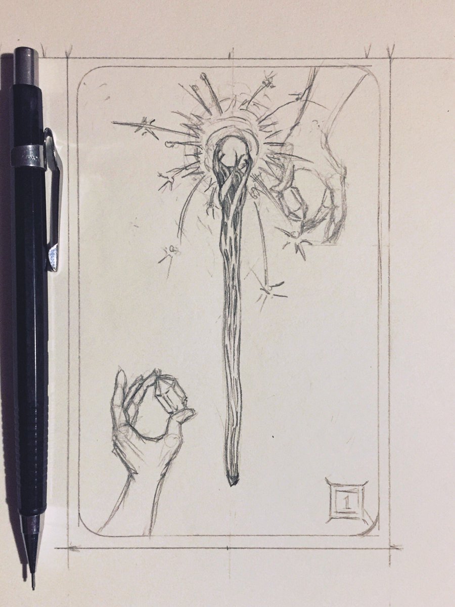 ChronoTarot's tweet photo. I’ve been working on an illustration which I *thought* was visual shorthand for the aces, the elements of the suits surrounding a fifth element, infinite in its creative energy. (My Magician also carries this quintessential element, for reasons I only understand now.) https://t.co/5MQA9sjUGl