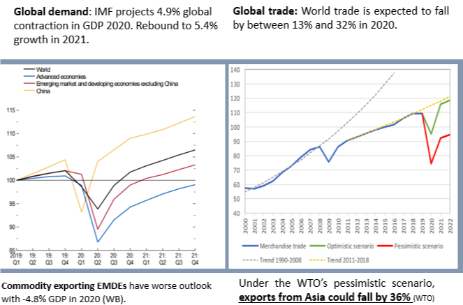 Global demand and trade have fallen substantially. The IMF forecasts a contraction of 4.9% in GDP while WTO projects a fall in world trade of between 13 and 32% in 2020. Commodity producing emerging markets are forecast to do particularly badly.