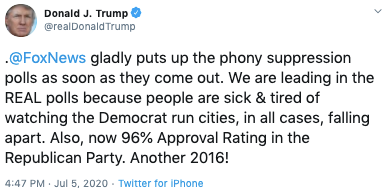 This is pretty funny. Trump lashes out at Fox after someone says "new polls showing Joe Biden widening his lead on Donald Trump"... Left, Fox's America's News HQ, 4:40 p.m.Left, Trump, 4:47 p.m.