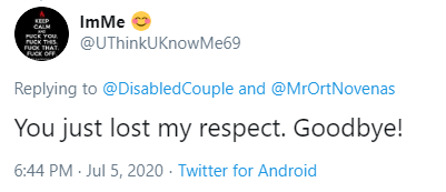 Oh No! A Disabled Hater has lost their respect for me... That happen the second you attacked #Disabled<a href="/tag/disabled"class="tags"><span>#disabled</span></a><a href="/tag/karens"class="tags"><span>#karens</span></a>