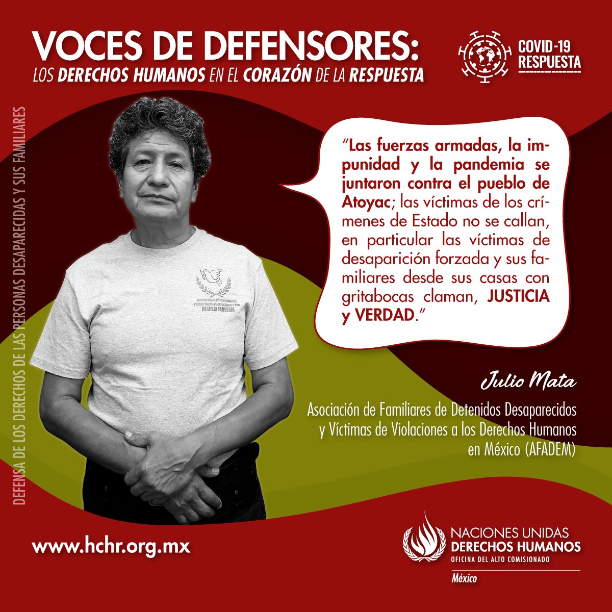ONUDHmexico's tweet photo. Julio Mata (@Afadem_fedefam) es integrante de #AFADEM y, a través de su voz acompaña a los familiares de víctimas de desaparición forzada quienes, aun frente a las adversidades de la crisis sanitaria, continúan exigiendo justicia y verdad.
#VocesDeDefensores #ONUMxCovid19 https://t.co/nosu0Vm5IX