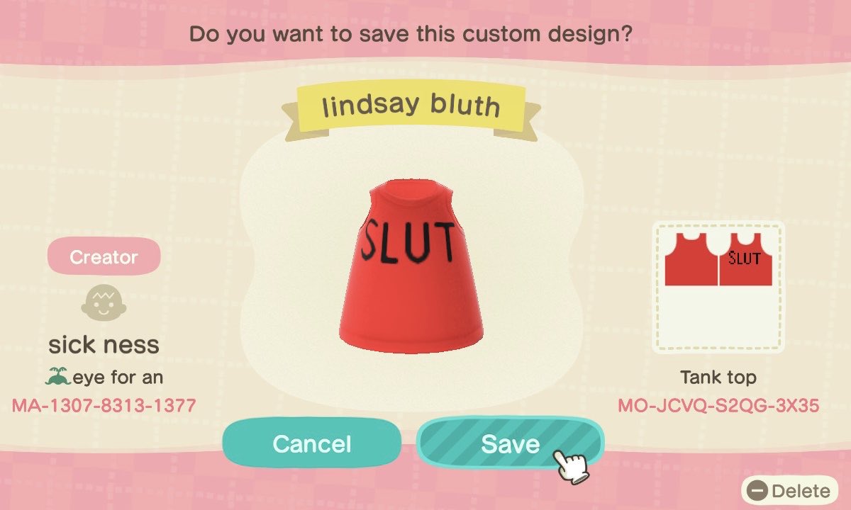 SickNessACNH's tweet photo. i remade lindsay bluth’s iconic tank top in arrested development, here’s the design code! #acnh #AnimalCrossingNewHorizons https://t.co/eDlTk2VFeW