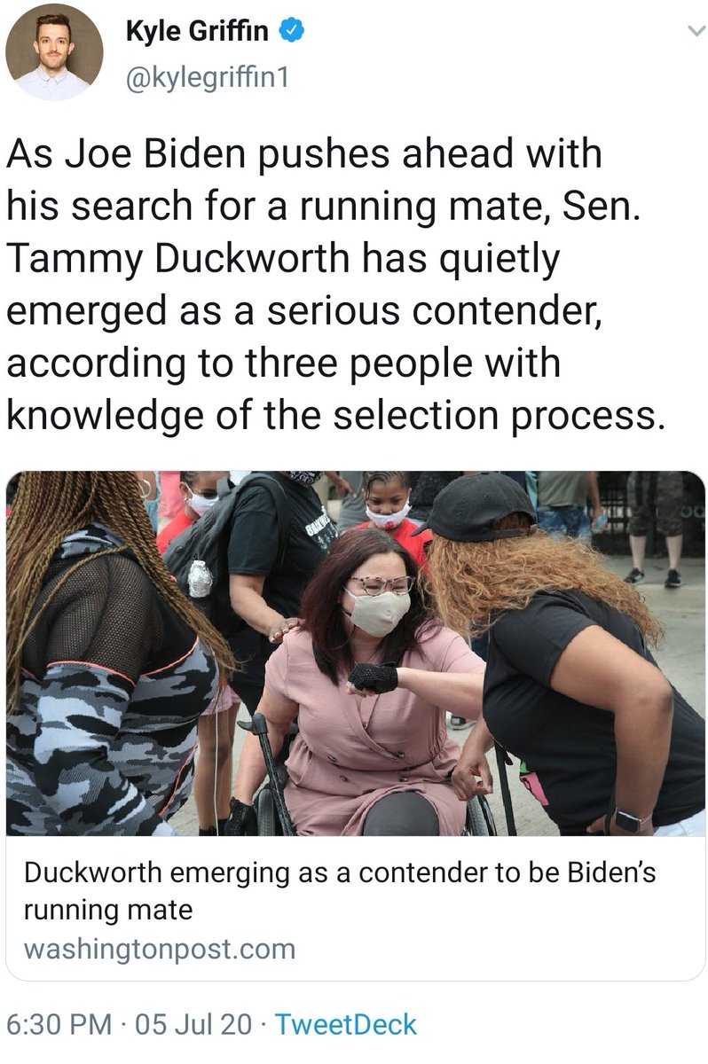 Y'all see what I was just saying? Duckworth is a fine Senator & military hero, but splitting the difference b/w a  woman & a Black one is not gonna appease us. I also see that Reid keeps moving down his No Black VP list. The VP needs to be a Black woman period! (Im with Kamala)  https://twitter.com/blackwomenviews/status/1279190594095636486