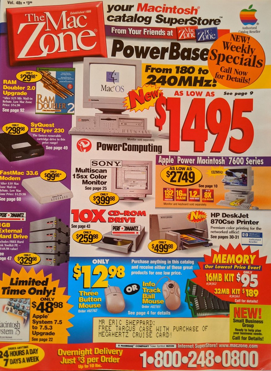 Eric_Sheppard's tweet photo. Spent some time this weekend cleaning out old papers and found a 1996/97 catalog from The Mac Zone. Thought the RAM was most interesting until I realized: buying $1,495 in '96 Apple stock would return ~$780k today. https://t.co/Qwq9MyfUWw