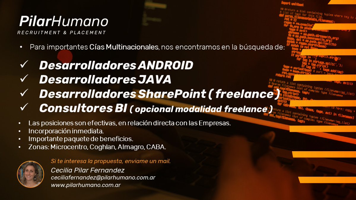 pilar_humano's tweet image. Búsquedas Profesionales IT #IT #desarrolladorjava #mobiledeveloper #cosultoresBI #freelance #pilarhumano @pilar_humano