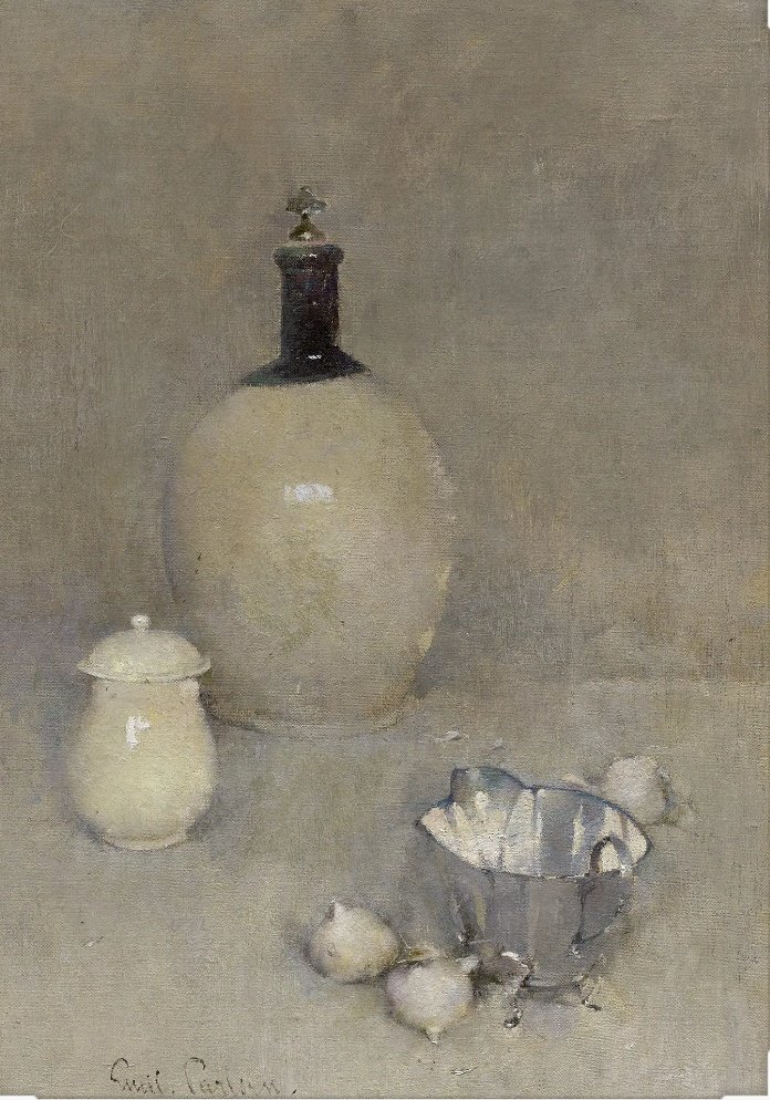 Compare this Emil Carlsen. Objectively, the highlights are brighter than in the previous, but they don& #39;t pop in the same way: he& #39;s keyed this one such that most of his range of values is consumed by modulating halftones, so there& #39;s no space for the highlight to stand out. (3/)