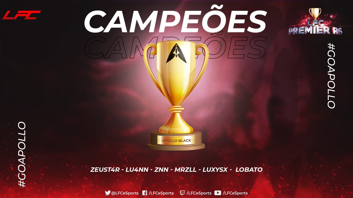 LFCeSports's tweet photo. ⚠️PINTOU O CAMPEÃO!🏆

A terra é pouco para esses caras! Por isso eles viraram foguetes, e realmente NÃO DÃO RÉ POR NADA!🚀

PARABÉNS @GGApolloTeam! A grande campeã do LFC Premier R6!💪

🏅 @zNNR6S 
🏅 @lu4nfps 
🏅 @Zeust4r 
🏅 @mrzllr6 
🏅 @luxyr6 
🏅 @eliellobato 

GG WP! https://t.co/uG8iPmIY8h
