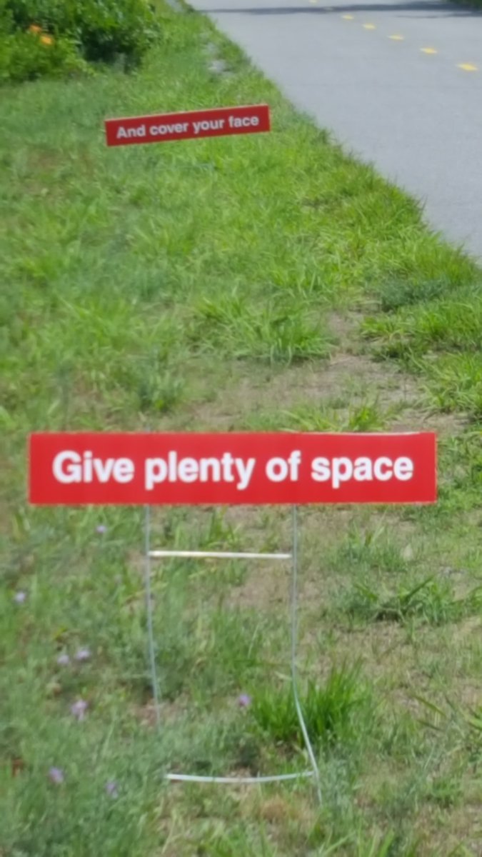 1 of 2: Enjoyed riding the Minuteman Bikeway today and especially the "Burma Gram" signs humourously reminding us to stay #CovidVigilant