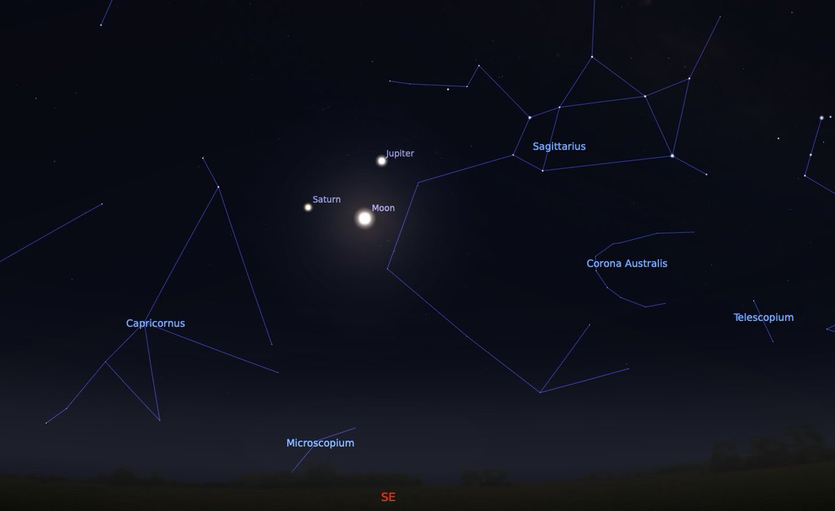 pzapadka's tweet image. Enjoy watching the #Moon last night? Wait till tonight! Yes, the night of July 5-6 shows the #Moon forming a triangle with #Jupiter and #Saturn. 😉