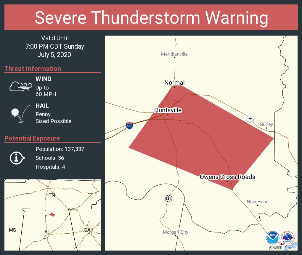 Severe Thunderstorm Warning including Huntsville AL, Owens Cross Roads