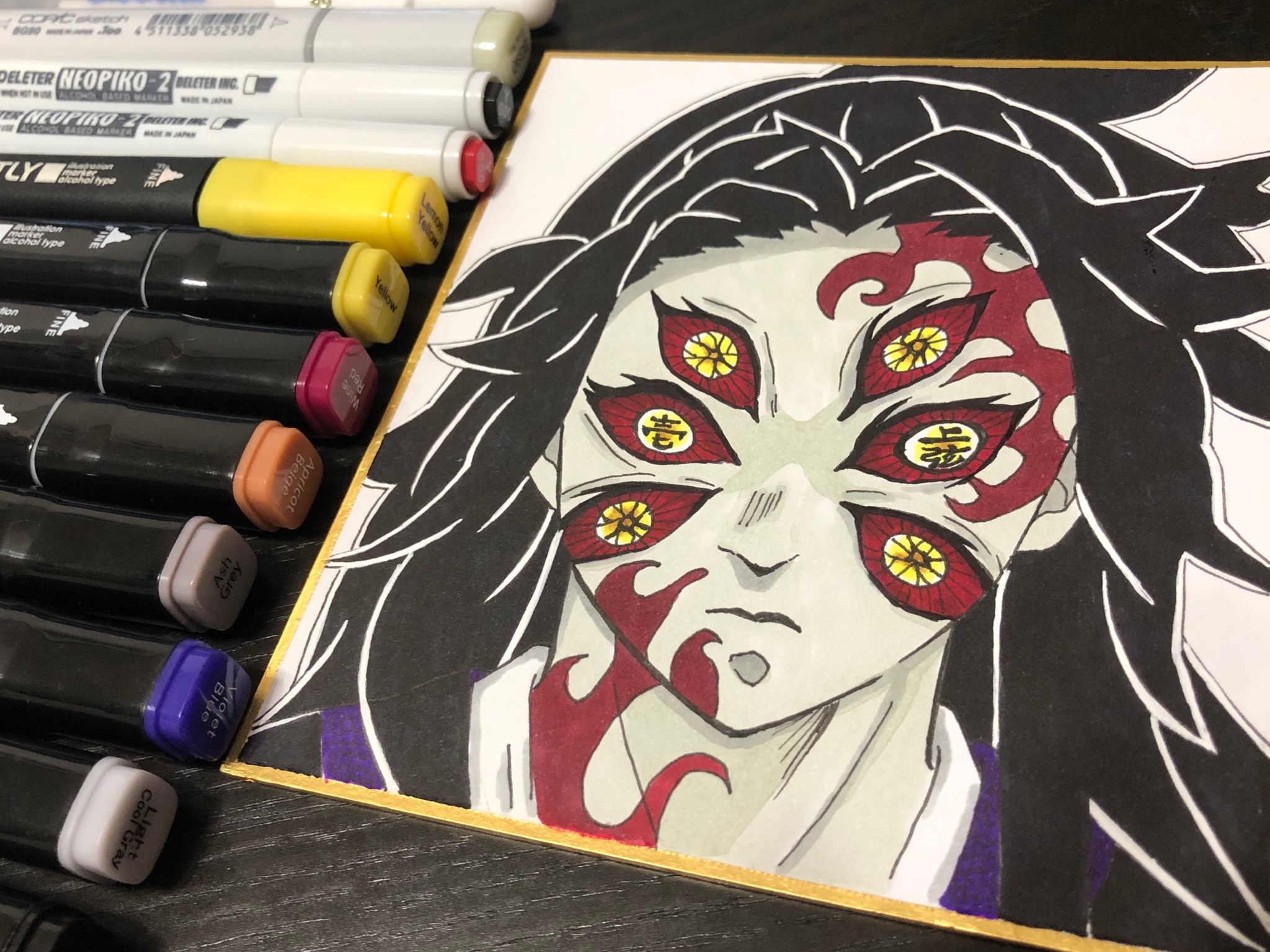 Twitter 上的 Jar 鬼滅の刃 黒死牟 こくしぼう イラスト 今回もイラストマーカーメインで色塗りしました カメラの角度 で一部見えづらい部分もありますがご視聴お願いします 鬼滅の刃イラスト アナログイラスト 鬼滅の刃 描いてみた 黒死牟 こくしぼう