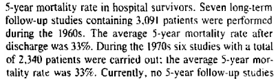 They found that among the included studies performed in the 1960s, average in-hospital mortality was 29%. The average 5-year mortality rate after discharge was 33%. So overall 5-year overall mortality after AMI in the 1960s was 29+33=62%, right?No...