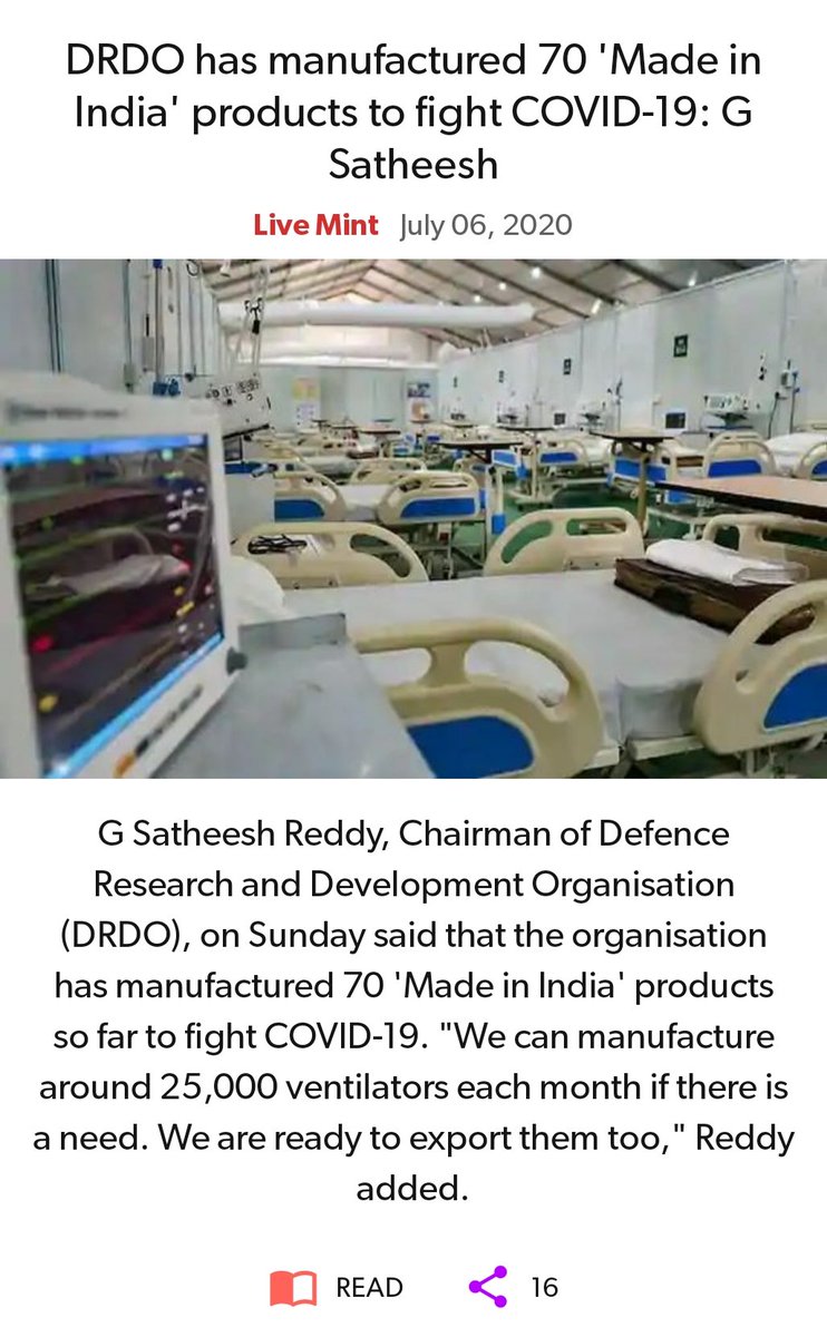 DRDO has manufactured 70 'Made in India' products to fight COVID-19: G Satheesh livemint.com/news/india/drd… via NaMo App