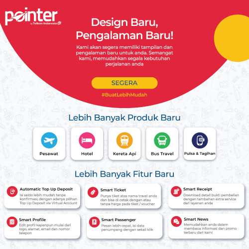 Desain Baru dan Fitur baru sistem Pointer.

Yuk buat jadi lebih mudah! 😉

#pointerbytelkom
#traveling
#indonesiatravel
#telkomindonesia
#telkom
#tiketmurah
#tiketpromo
#liburan