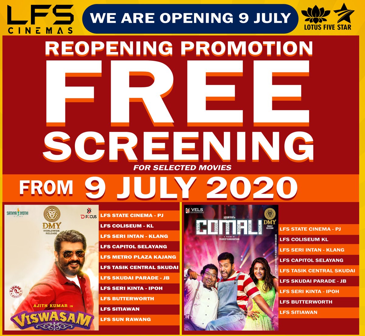Here's #LotusFiveStar reopening movies with FREE Screening as we welcome you all back to our #LFSCinemas.

Once again Thala #Ajith's Viswasam and #JayamRavi's Comali going to entertain all of us again.

#LotusFiveStarAV #FreeScreening #Viswasam #Comali